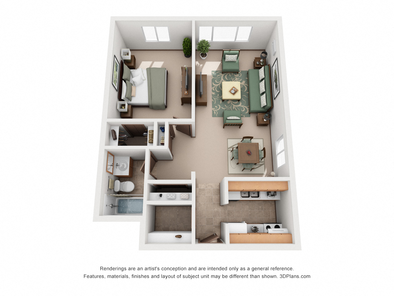 Floor plan for 1 bed, 1 bath, 700 sqft